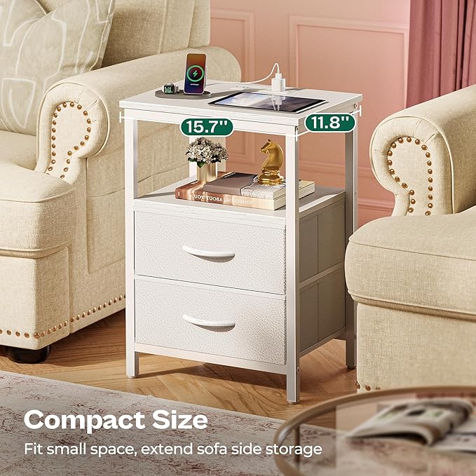 Huuger Night Stand with Charger Station and LED Lights, 2 Drawer Nightstand, Bed Side Table with Open Shelf, End Table, Fabric Dresser for Bedroom, PU Leather, White