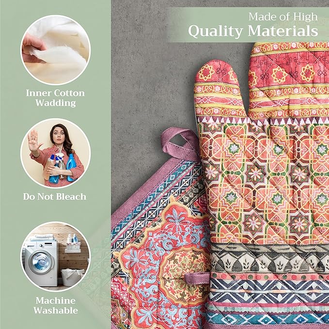 Maison d' Hermine 100% Cotton Oven Mitt & Pot Holder Set (7.5"x13" & 8"x8") Heat Resistant BBQ Cooking Gloves with Loop for Thanksgiving Christmas Decorations Handling Hot Pans (Ispahan)