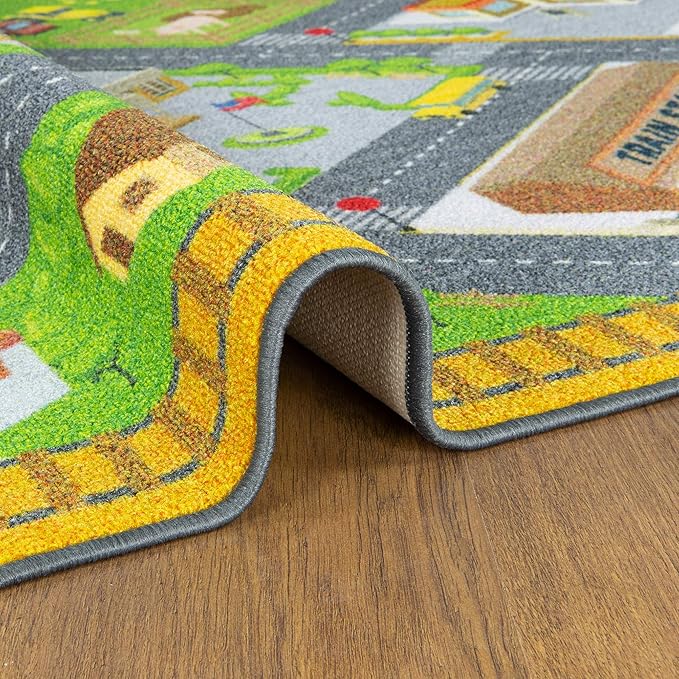 KC Cubs 8x10 Country Farm Construction Car Road Street Rug – Educational Carpet Play Mat for Kids, Toddlers Nursery, Classroom, Playroom, Baby Daycare