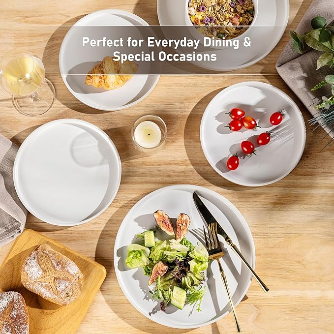 GBHOME Ceramic Dinnerware Sets for 4, Stoneware Plates and Bowls Sets, Chip and Scratch Resistant Dishes, Dishwasher & Microwave& Oven Safe Dishes sets, Reactive Glaze-White