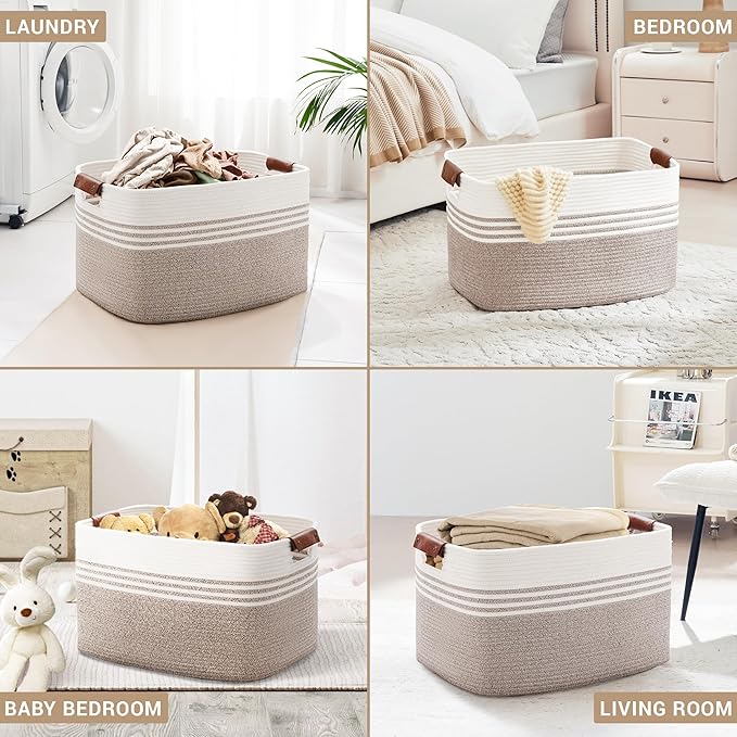 Laundry basket with leather handles for clothes,blankets,pillows,toys,towels,suitable for bedrooms and living rooms,cotton woven laundry hamper,extra large gift basket,24"x16"x14",Beige Brown