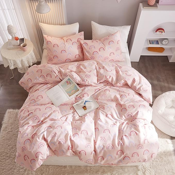 Ivellow Queen Duvet Cover Set 100% Cotton Rainbow Pink Kids Duvet Cover for Girls Cute Kawaii Bedding Set 3 Pcs Ultra Soft Breathable Toddler Teen Duvet Cover Patterned Cartoon Comforter Cover Bed Set