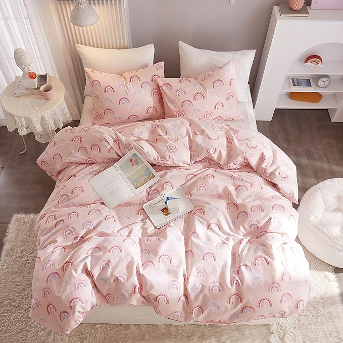 Ivellow Twin Duvet Cover Bed Set 100% Cotton Rainbow Pink for Girls Cute Kawaii Bedding Set 3 Pcs Ultra Soft Breathable Toddler Teen Kids Patterned Cartoon Comforter Cover.