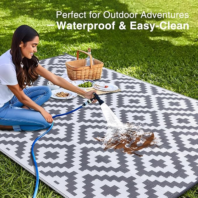 OLANLY Waterproof Outdoor Rug 8x10 ft, Reversible Plastic Straw Patio Rug for Camping, RV Mat Outside, Indoor Outdoor Carpet for Porch, Deck, Backyard, Camper, Balcony, Picnic, Grey & White