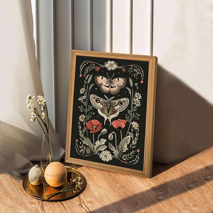Vintage Framed Wall Art - 3D Textured Classical Style Moth Pictures Wall Decor - Hand Drawn Flowers Nature Art Painting for Living Room Bedroom Home Decor 8x10in