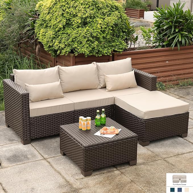 Wicker Patio Furniture Patio Couch 3 Pieces Outdoor Sectional with Ottoman and Outdoor Storage Table with Lining Weathering Anti-Slip Cushions Furniture Covers, Khaki