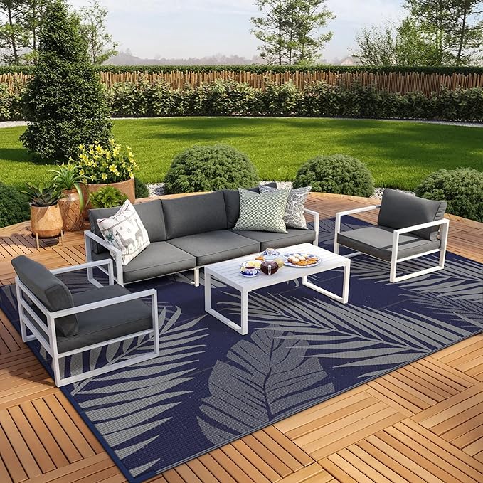 GENIMO Outdoor Rug 10' x 14' Waterproof for Patios Clearance, Reversible Outdoor Plastic Straw Camping Rug Carpet, Large Area Rugs Mats for RV, Camper, Deck, Balcony, Porch, Beach, Navy Blue&Grey
