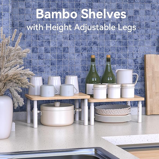 Cabinet Organizer Shelf, Spice Rack Set of 2 Kitchen Pantry Cupboard Shelves, Stackable, Height Adjustable, Natural Bamboo (11.7" W)