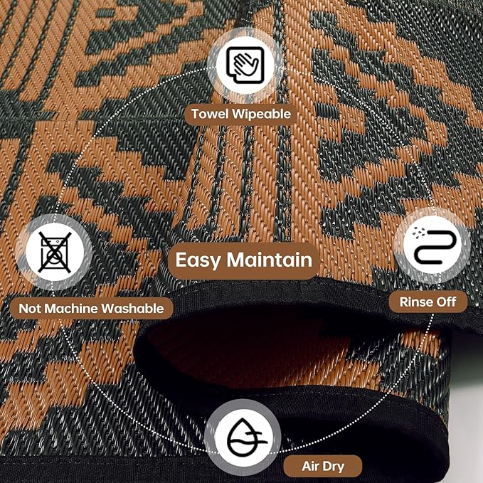 Beeiva Waterproof Outdoor Rug 6x9, Reversible Plastic Straw Rug for Camping, Modern Geometric Large Outside Patio Mat Outdoor Rugs for Porch, Deck, Backyard, Balcony, Picnic - Black & Brown