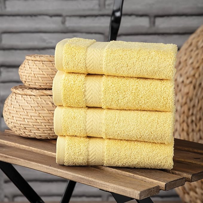 TEXTILOM 100% Turkish Cotton 4 Piece Luxury Washcloth Towel Set for Bathroom, Super Soft & Highly Absorbent & Quick Dry for Face and Hand- Yellow