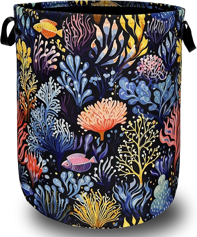 Colorful Coral Laundry Basket Foldable With Handles Tote Bag Oxford Cloth Marine Life Funny Laundry Hamper 18.9" x 16.5" Clothes Storage Bucket Toy Organizer For Bathroom/Laundry/Bedroom