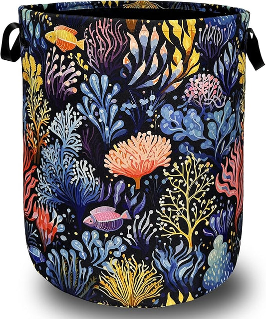 Colorful Coral Laundry Basket Foldable With Handles Tote Bag Oxford Cloth Marine Life Funny Laundry Hamper 18.9" x 16.5" Clothes Storage Bucket Toy Organizer For Bathroom/Laundry/Bedroom