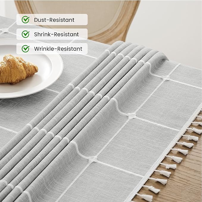 puredown® Plaid Rectangle Tablecloth, Waterproof Cotton Linen Tablecloth with Tassel, Rustic Farmhouse Table Cloths for Kitchen Dining Outdoor, 55"x86",6-8 Seats, Gray