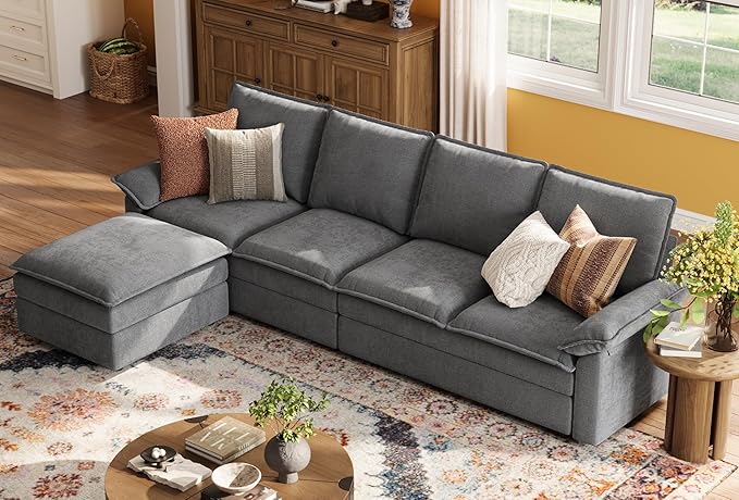 LINSY HOME Modular Cloud Couch, 113" L Shaped Sectional Sofa with Double Layer Cushions and Ottoman, Chenille 4 Seater Sofa Set for Living Room, Apartment, Grey