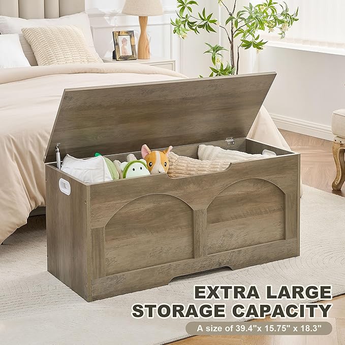 Storage Bench, 39.4" Storage Trunk, Storage Chest with U-Shaped Cut-Out Pull, Upgraded Safety Lift Support Hinge, Supports 330 lb, 39.4" x 15.7" x 18.3", Entryway Storage Bench, Greige