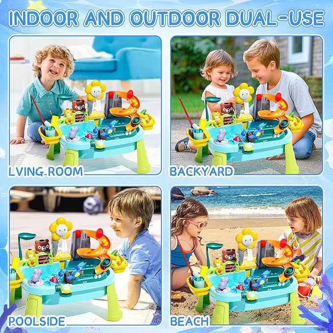2026 Water Table for Kids Ages 3+ with Pump, Sensory Tables with Play Vegetables, Tableware & Fishing Game, Outdoor Toy Summer Beach for Kids Boys Girls Age 3+