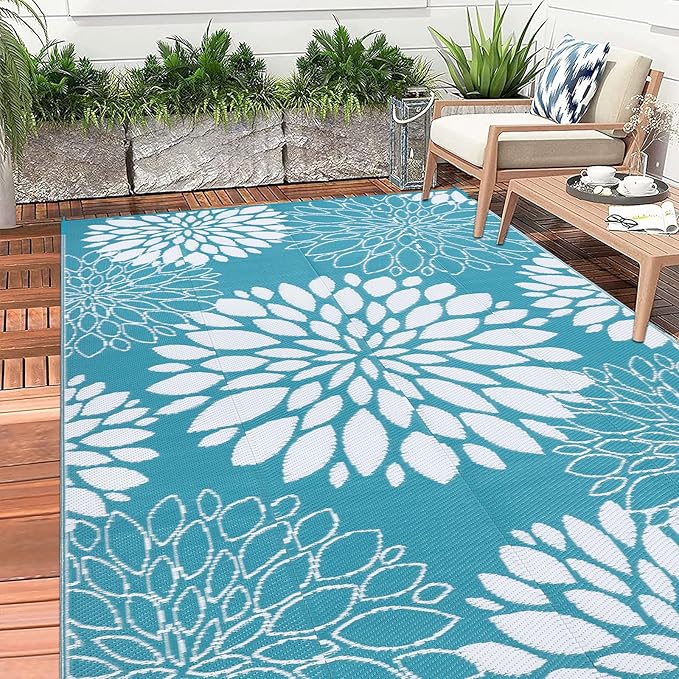 Ileading Reversible Outdoor Rug 6x9Ft Waterproof Patio Rug Carpet Portable Outdoor Plastic Straw Rug Large RV Camping Mat Rug for Patio, Clearance, Deck, Beach, Porch, Camping, Picnic, Flower Teal