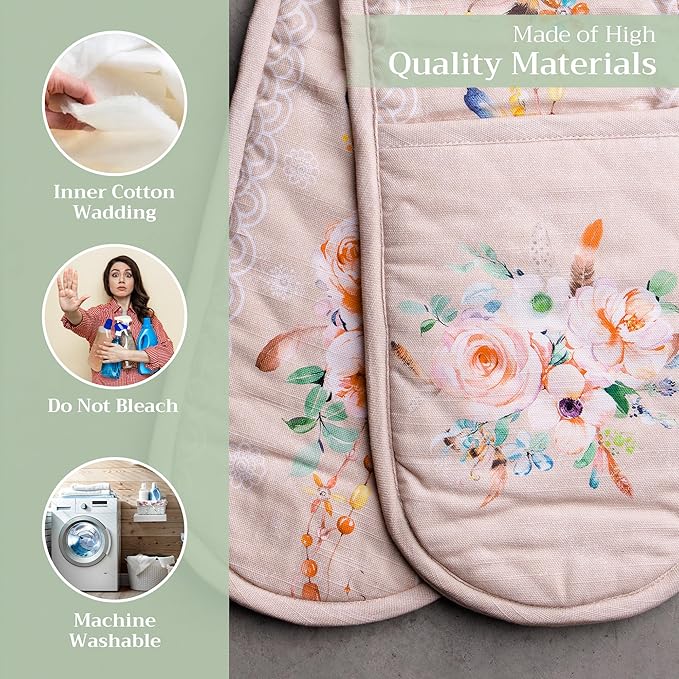 Maison d' Hermine Double Oven Mitts 100% Cotton 7"x35" Double Oven Mitt Heat Resistant BBQ Cooking Gloves with Loop, Baking, Grilling, Home, Kitchen, Handling Hot Pans Spring Summer (Ibiza - Beige)