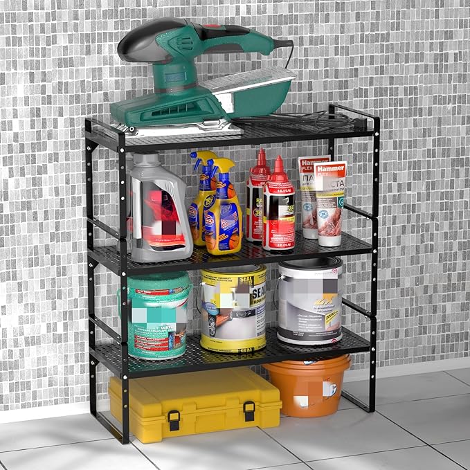 Redrubbit Expandable Cabinet Storage Shelf, Adjustable Height Steel Metal Kitchen Counter Organizers Shelves Spice Rack for Kitchen Pantry Bathroom Cupboard Desk Home Office, Black-1 Pack