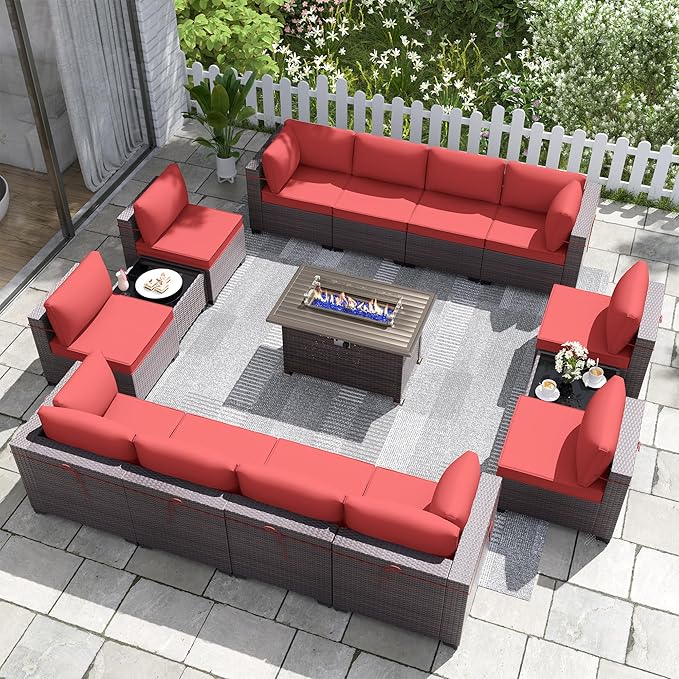 Kurapika 15 Pieces Patio Furniture Set, Rattan Wicker Outdoor Conversation Sets w/43in Propane Fire Pit Table and 4 Inch Cushion(Red)