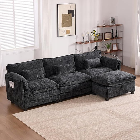 KEIKI 110" L-Shaped Boucle Modular Sectional Chenille Sofa with 1 Ottoman & Memory Foam Cushion & Phone Holder & USB, Upholstered Modern Oversized 4-Seater Couch, Easy Assembly, for Living Room, Black