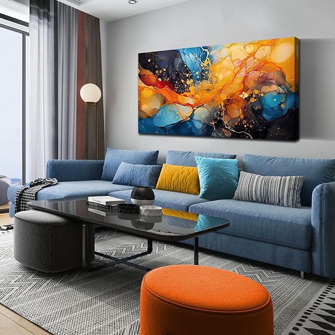 Large Abstract Canvas Wall Art Blue Orange Black Canvas Prints Modern Living Room Bedroom Home Office Wall Decor Framed Artwork Size 30x60