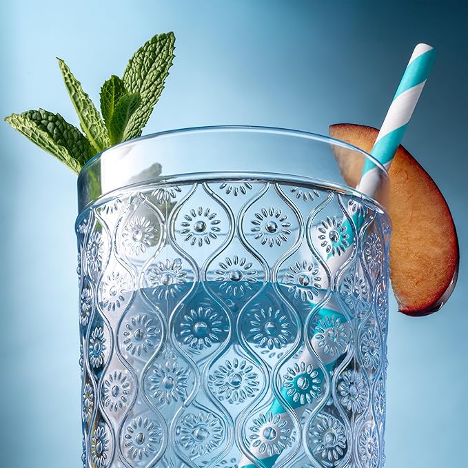 Godinger Highball Drinking Glasses, Acrylic Drinking Glasses Set, Elegant Tall Plastic Cups, Vintage Romantic Decor - Set of 4, Blue