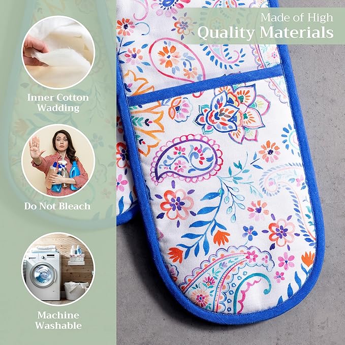 Maison d' Hermine Double Oven Mitts 100% Cotton 7"x35" Double Oven Mitt Heat Resistant BBQ Cooking Gloves with Loop, Baking, Grilling, Home, Kitchen, Handling Hot Pans Spring Summer (Indian Floral)