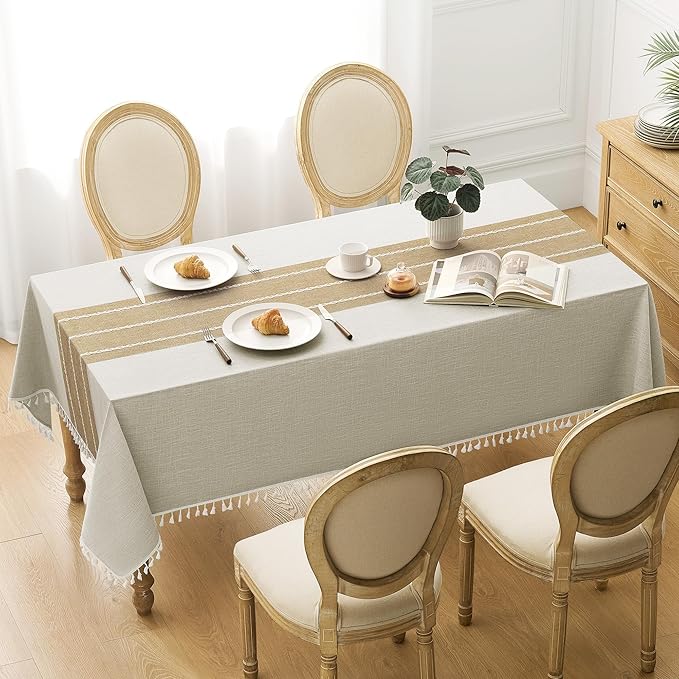 puredown® Rustic Rectangle Tablecloth, Waterproof Cotton Linen Tablecloth with Tassel, Wrinkle Free Farmhouse Table Cloths for Kitchen Dining Outdoor, 55"x102",8-10 Seats, Coffee