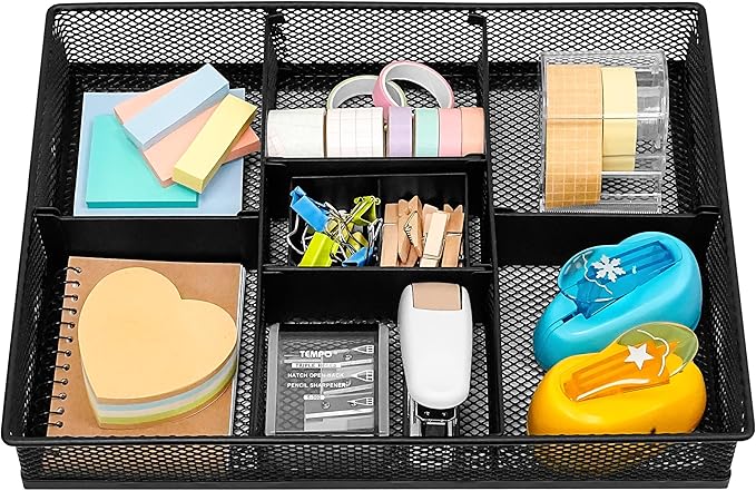 CAXXA Mesh 3 Slot Desk Drawer Organizer with Four Adjustable Dividers - Black