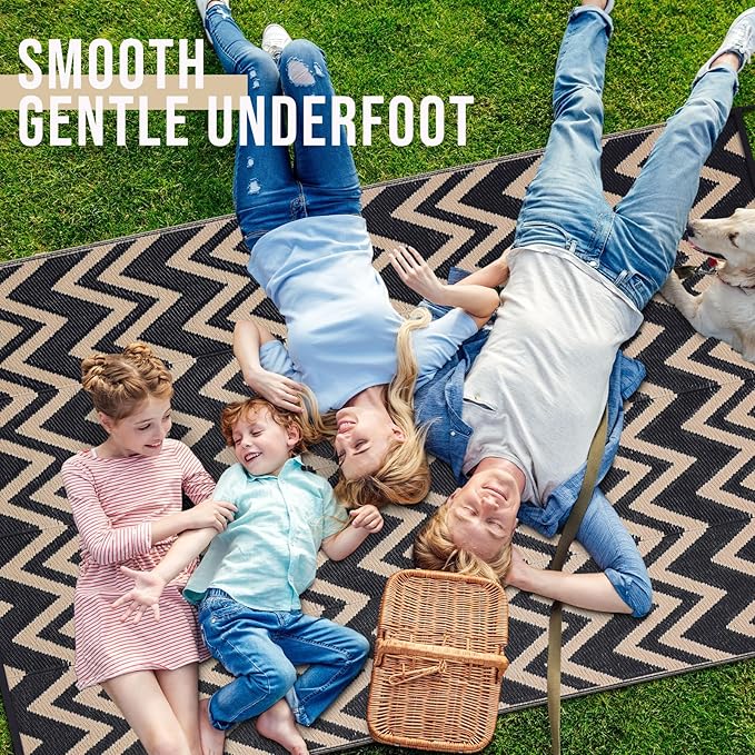 OLANLY Waterproof Outdoor Rug 8x10 ft Clearance, Reversible Outdoor Plastic Straw Rug, RV Mat, Indoor Outdoor Carpet for Patio, Camping, Balcony, Deck, Backyard, Black & Beige