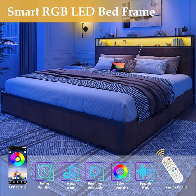 Lifezone King Bed Frame with 2-Tier Storage Headboard, Metal Platform Bed Frame with 4 Storage Drawers, Built in Charging Station & LED, Noise-Free/Metal Support/No Box Spring Needed, Coffee Brown