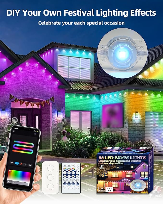 Permanent Outdoor Lights, 63.6ft with 36 RGBIC LED Light with App Control, Waterproof Permanent Christmas Lights for Outside Roofline Decor, Garden Decor, House,Party, Holiday Xmas Decoration