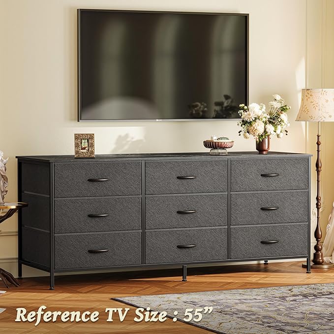 Huuger 9 Drawer Dresser, 55 Inch Dresser TV Stand for 55, 60 Inch TV, Entertainment Center with Drawers, for Bedroom, Closet, Black
