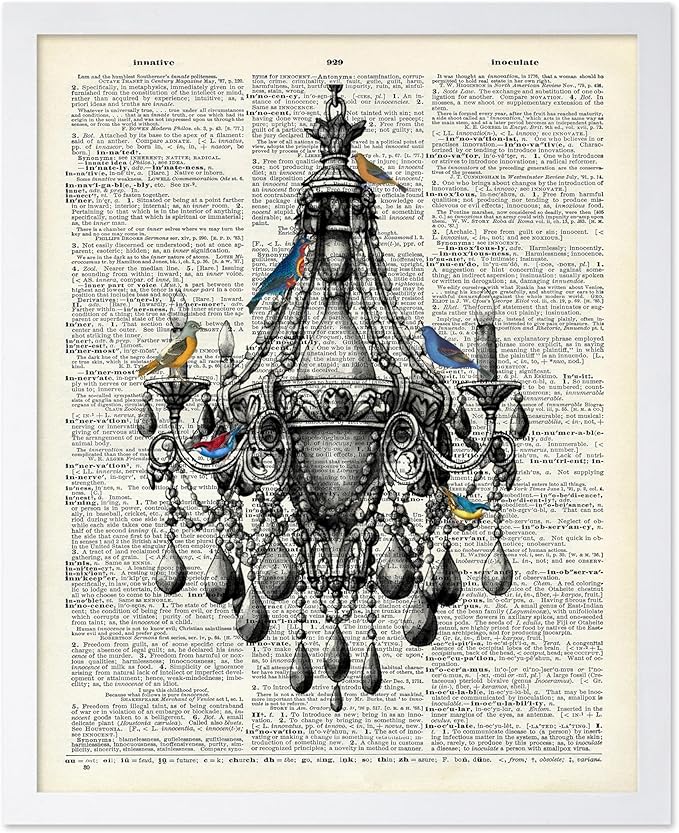 Poster Master Dictionary Art Poster - Antique Chandelier Print - Bird Art - Baroque Art - Gift for Men & Women - Chic Decor for Living Room, Dining Room, Bedroom or Kitchen, 8x10 White Framed