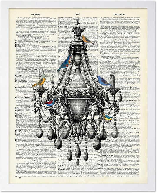 Poster Master Dictionary Art Poster - Antique Chandelier Print - Bird Art - Baroque Art - Gift for Men & Women - Chic Decor for Living Room, Dining Room, Bedroom or Kitchen, 8x10 White Framed