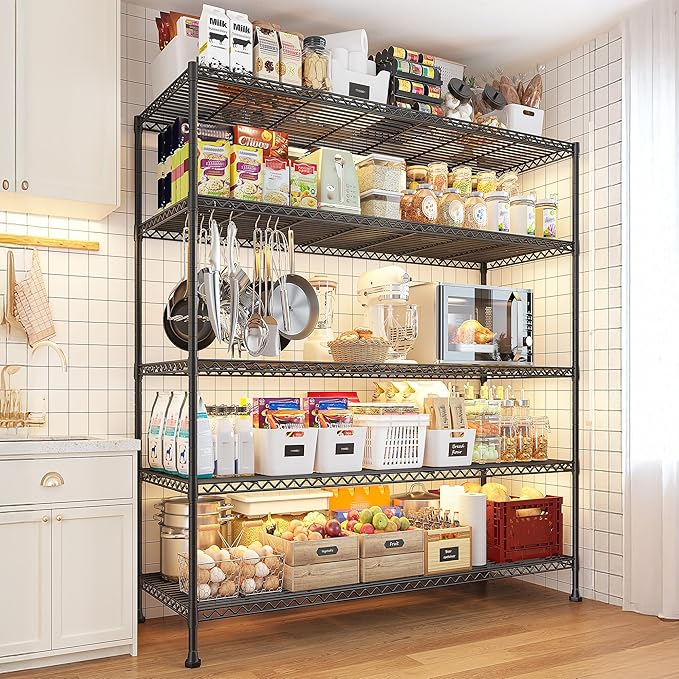 REIBII 45.8''W Wire Shelving Unit, 5 Tier Storage Shelves Adjustable Metal Shelving for Kitchen Pantry Office Wire Rack for College Dorm School, 45.8" W x 71" H x 17.2" D