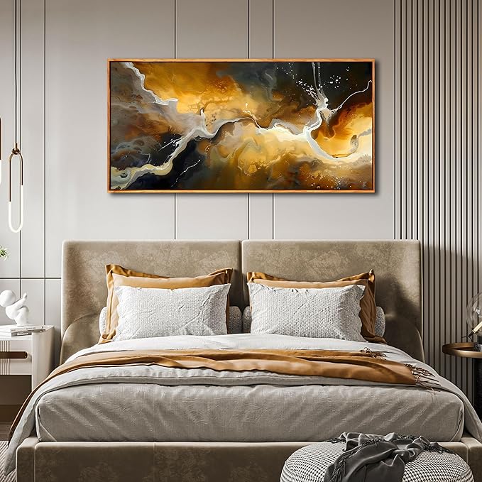 Abstract Wall Art for Bedroom, Marble Canvas Wall Decor for Living Room, Black and Gold Picture Print Artwork for Office, Size 48 x 24 Inches Framed