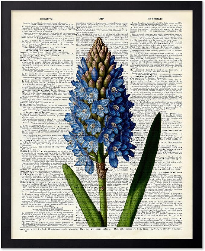 Poster Master Dictionary Art Poster - Blue Hyacinth Print - Flower Art - Floral Art - Gift for Men, Women & Florist - Minimal Decor for Bedroom, Office, Dorm or Flower Shop, 8x10 Black Framed