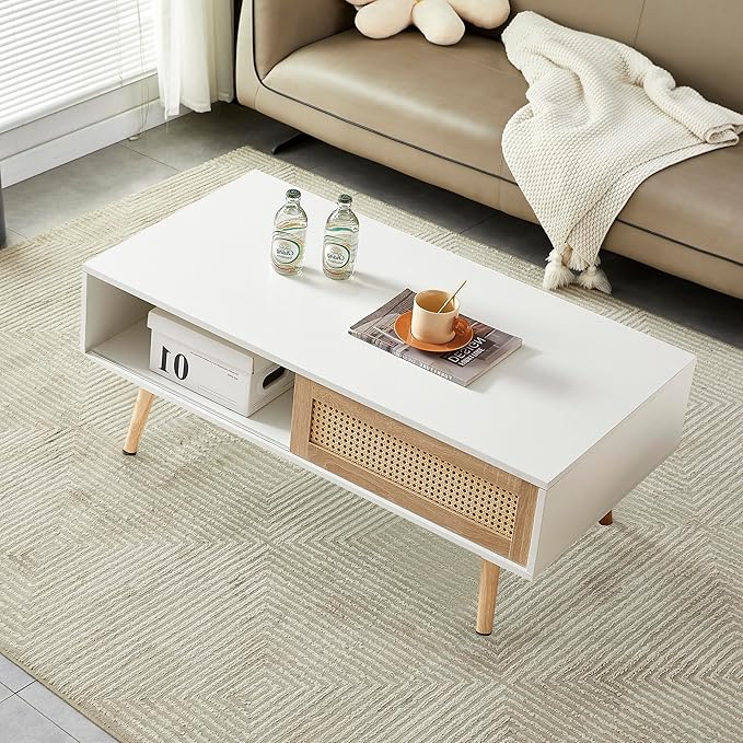 Rattan Coffee Table, 40.3" Mid Century Modern Coffee Table with Storage, Farmhouse Rectangle Wooden Accent Center Sofa Table for Living Room, White