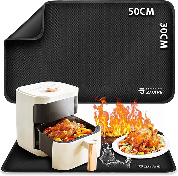 Heat Resistant Mat for Air Fryer Site - 19.6 x 11.8in, Fireproof Silicone Mats for Kitchen Counter, Heat Proof Mat, Non-slip & Waterproof for Deep Fryer, Oven, Coffee machine (Black)
