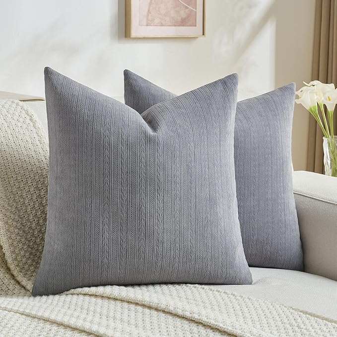 FUTEI Dark Grey Decorative Throw Pillow Covers 26x26 Inch Set of 2,Soft Cozy Wheat Ear Striped Patterns Euro Pillow Shams,Modern Home Decor for Couch Bed Living Room