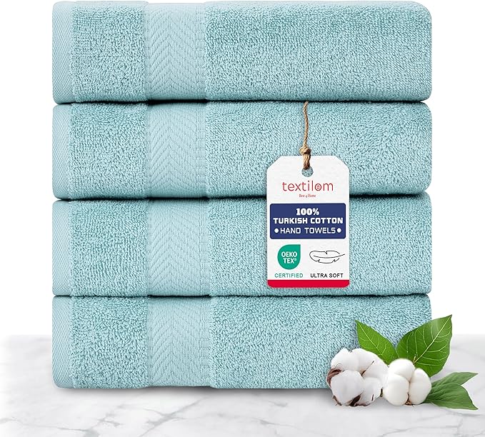 TEXTILOM 100% Turkish Cotton 4 Pcs Hand Towel Set, Luxury Hand Towels for Bathroom, Soft & Absorbent Bathroom Hand Towels Set (16 x 28 inches)- Aqua