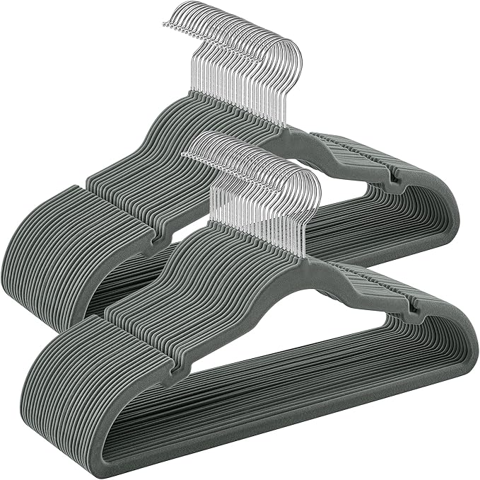 SONGMICS Velvet Hangers 50 Pack, Non-Slip Clothes Hangers, Suit Hangers with Shoulder Notches, Pants Bar, 360° Swivel Hook, Space-Saving, for Closet, Gray UCRF029G05