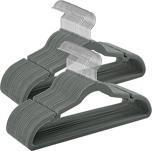 SONGMICS Velvet Hangers 50 Pack, Non-Slip Clothes Hangers, Suit Hangers with Shoulder Notches, Pants Bar, 360° Swivel Hook, Space-Saving, for Closet, Gray UCRF029G05