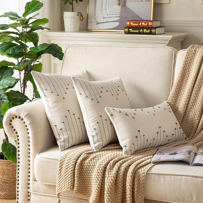 Boho Throw Pillow Covers 12x20 Set of 2 Decorative Pillows for Bed, Neutral Pillow Covers Beige with Green Line Throw Pillows for Modern Farmhouse Couch Sofa Living Room Outdoor
