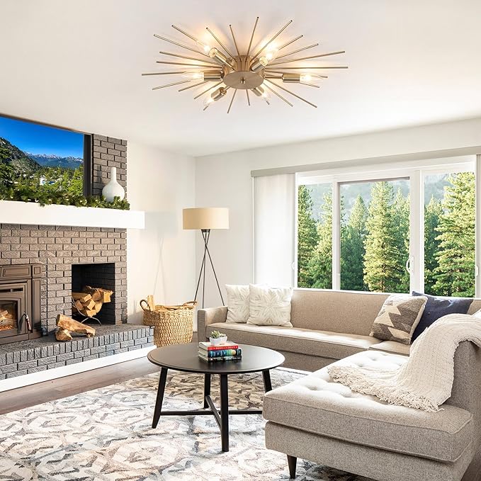 Jaycomey 6-Lights Sputnik Light Fixture Flush Mount Gold Ceiling Lights Modern Firework Metal Ceiling Lighting Mid Century Chandelier for Farmhouse Dining Room Bedroom Hallway Living Room, E12