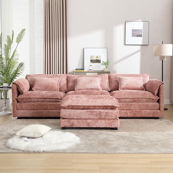 KEIKI 112" L-Shaped Chenille Modular Sectional Chenille Sofa with 1 Movable Ottoman & Memory Foam Cushion, Upholstered Oversized 4-Seater Couch, Easy Assembly, for Apartment, Living Room, Pink
