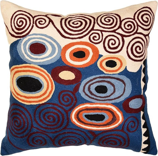 Klimt Blue Decorative Pillow Cover Contemporary Chair Cushion | Modern Blue Sofa Pillowcase | Modern Outdoor Pillows | Mid Century Chair Cushions | Hand Embroidered | Wool Size 18x18