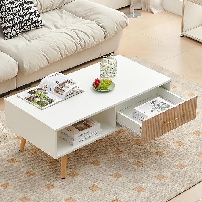 Mid Century Wooden Coffee Table with Stripe Drawer，Modern 41" Large Center Table with Storage，Rectangular White Coffee Tables for Living Room, 2-Tier Cocktail Table, Solid Wood Legs